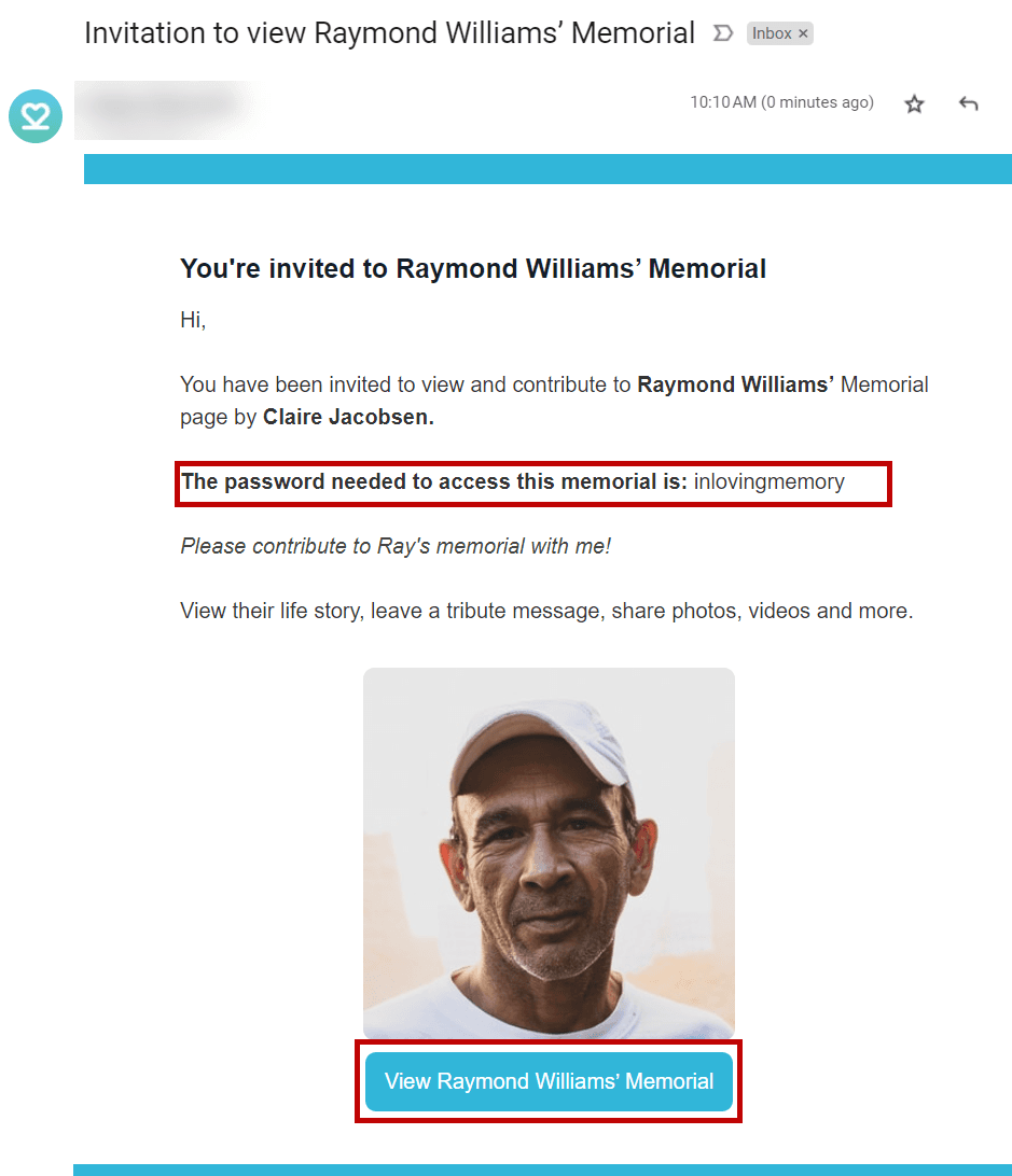 Email showing the memorial password