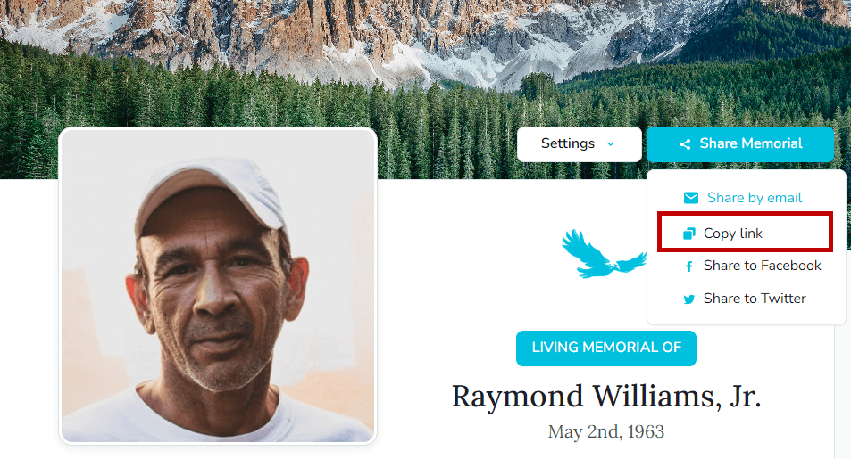 Copy link for a password-protected memorial