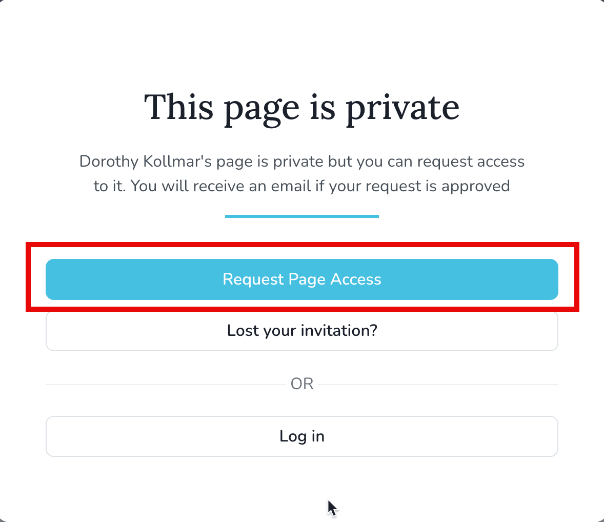 Request access button on invitation-only memorials