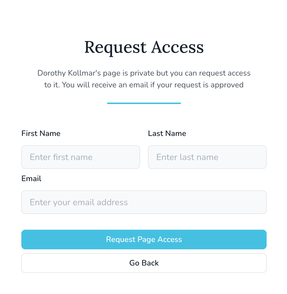 Form to request access to a private memorial
