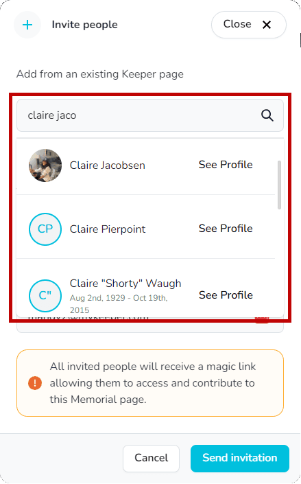 Search for Keeper users to invite