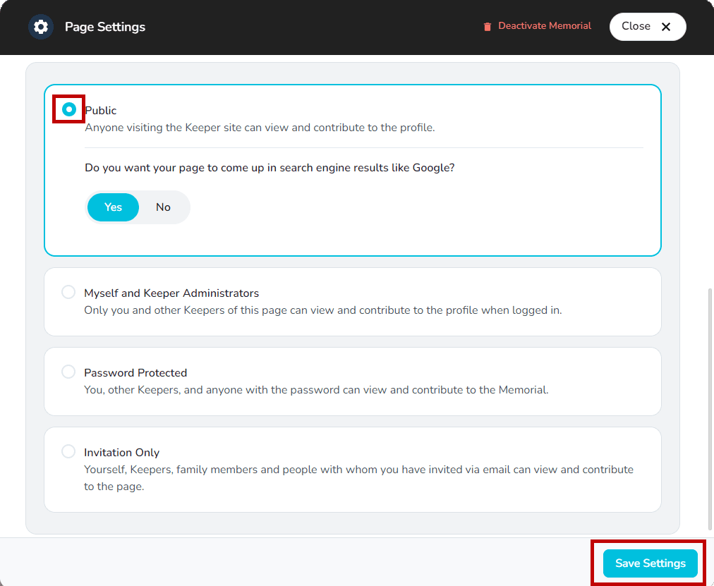 Save Settings button within privacy controls