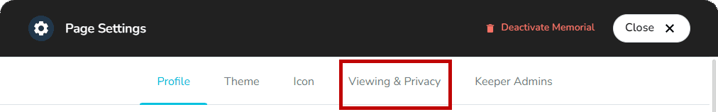 Viewing and Privacy tab within memorial settings