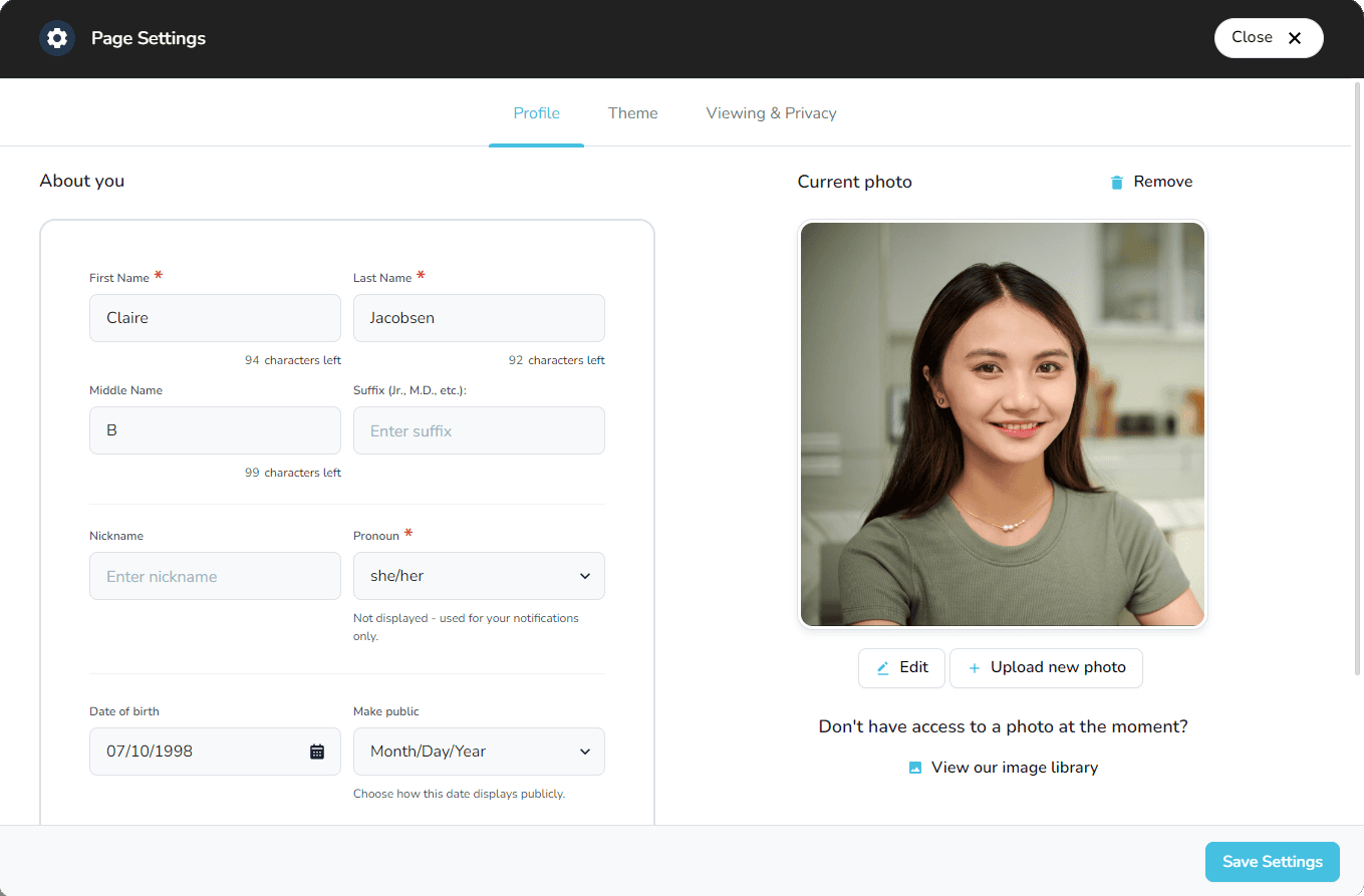 Edit Profile Settings modal with profile details and privacy controls