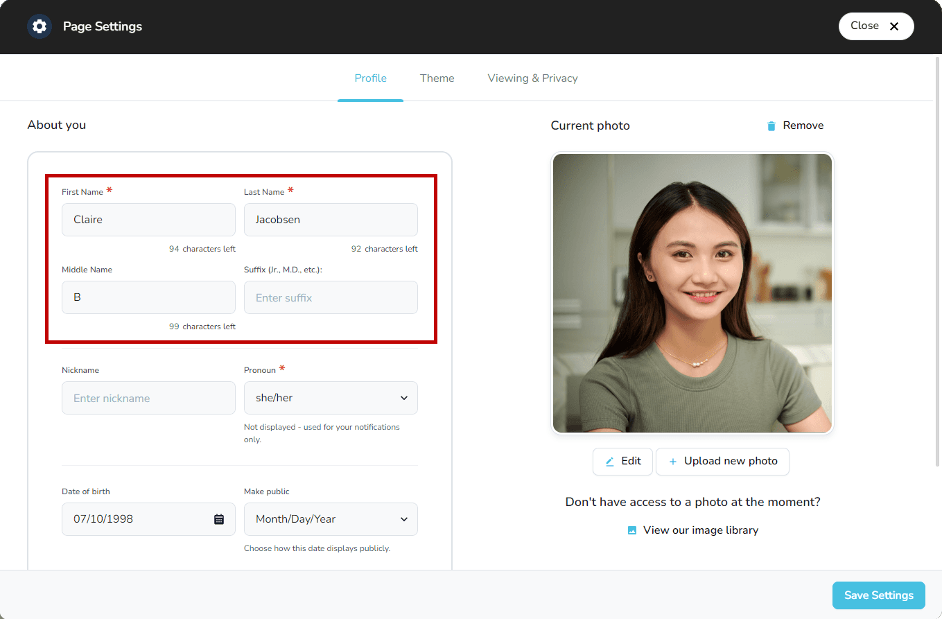 Profile settings fields showing name inputs