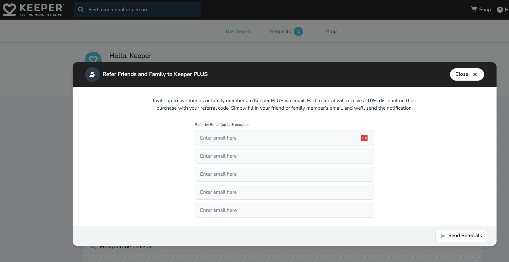 Referral dashboard with email entry fields