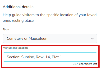 Description field for resting place details