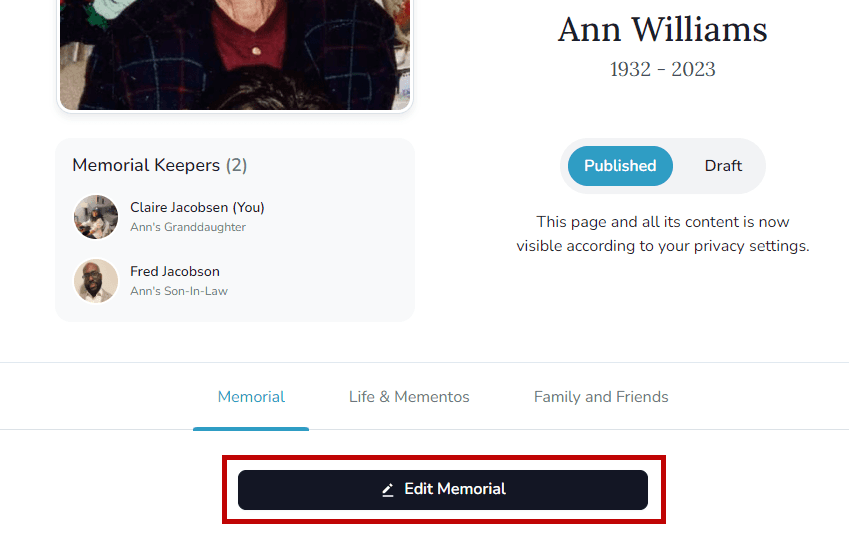 Edit Memorial button for resting place updates