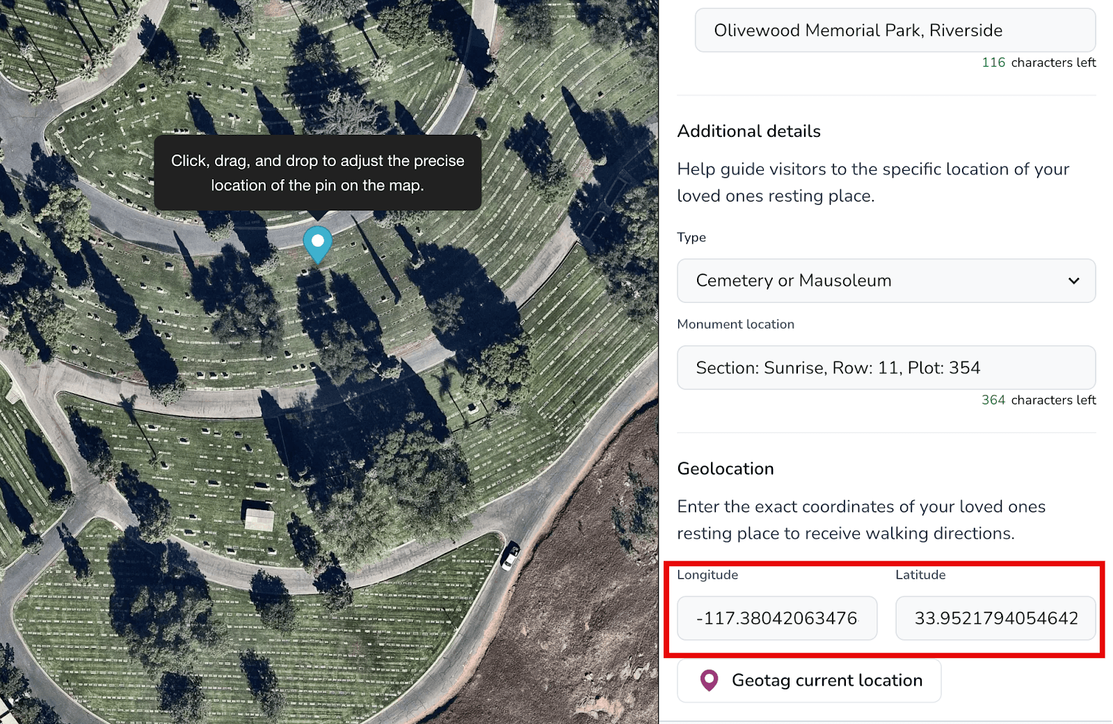Enter coordinates for a resting place