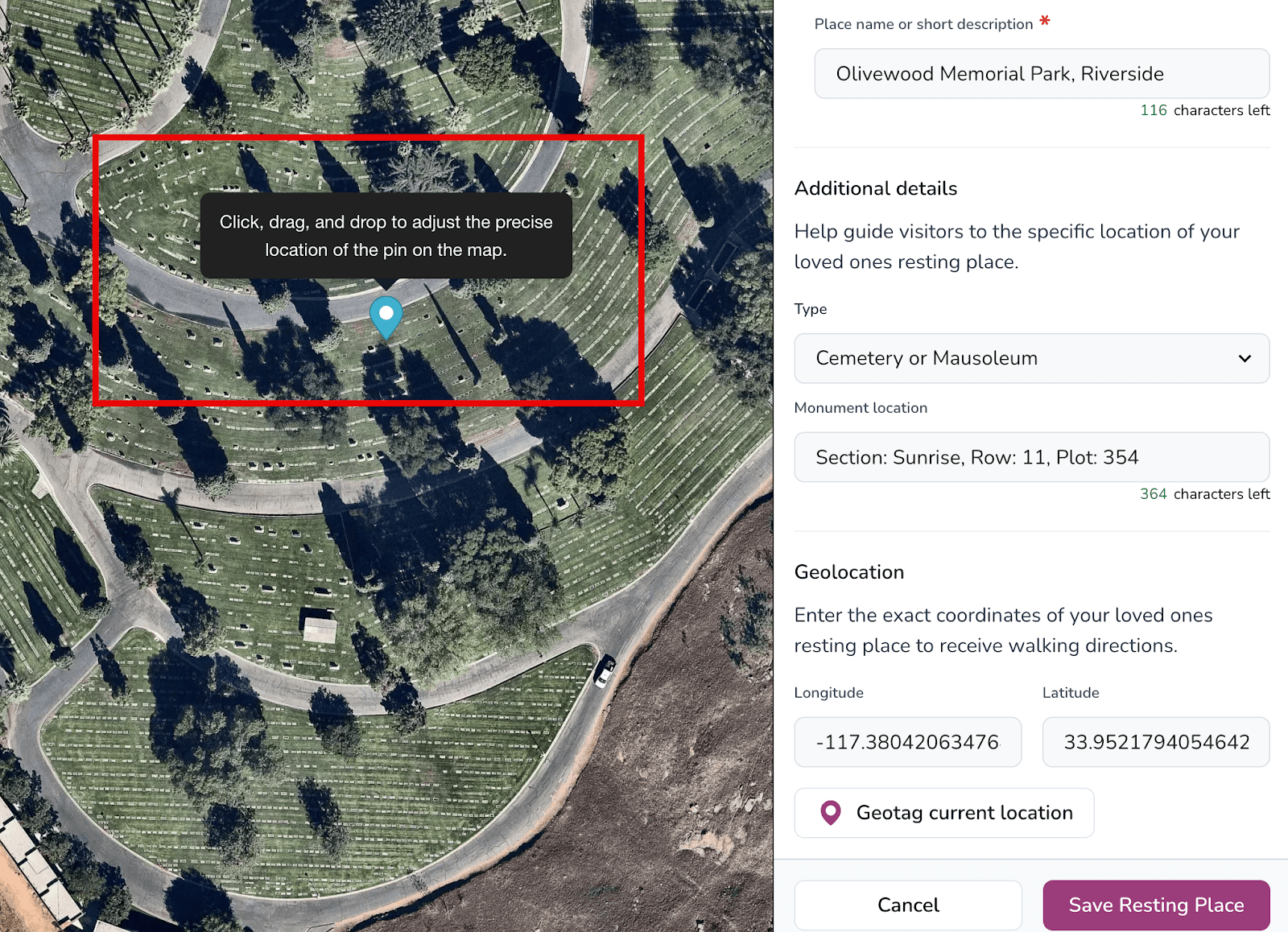 Drag the map pin to the resting place location