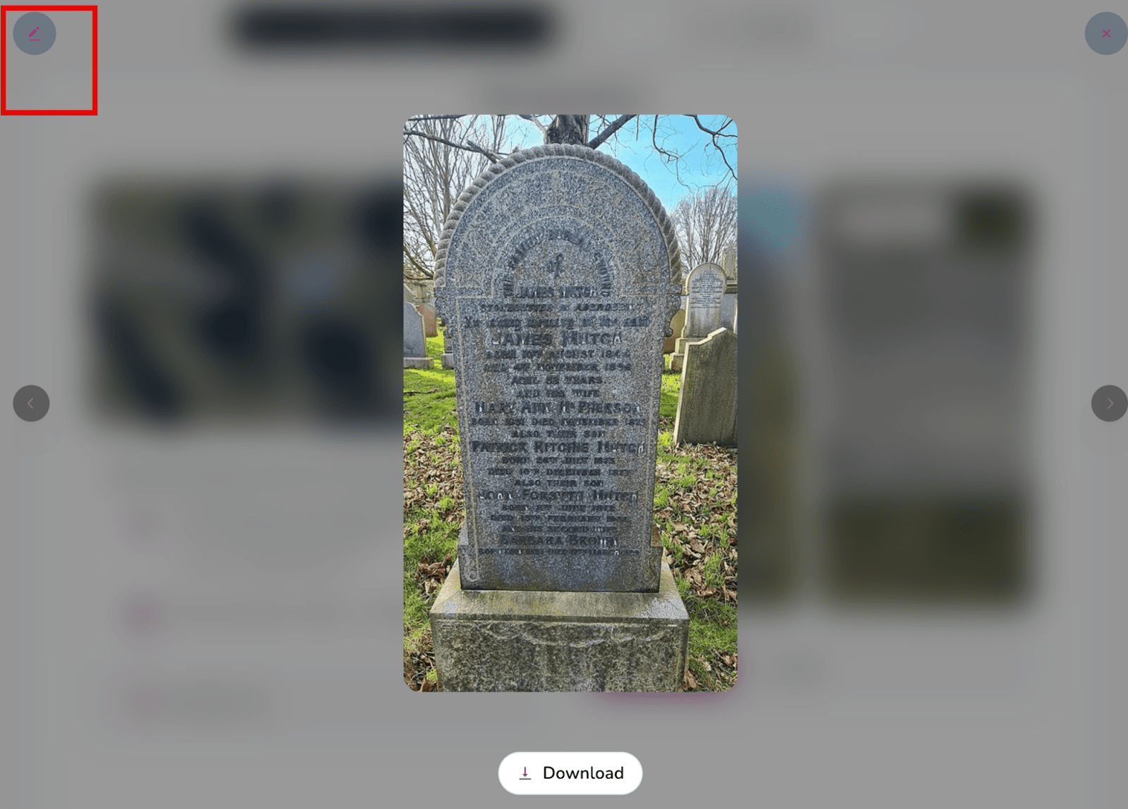 Edit icon for resting place images