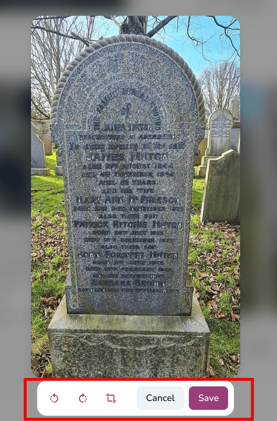 Cropping tools for resting place images