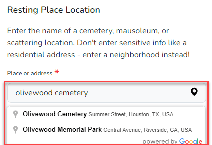 Resting place location field