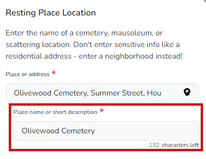 Resting place name field