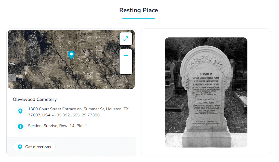 Resting place preview on the memorial page