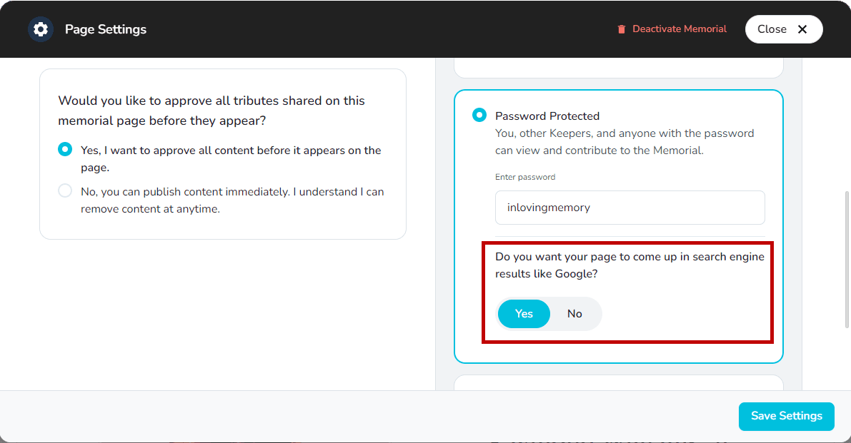 Toggle to allow or hide memorials from search engines