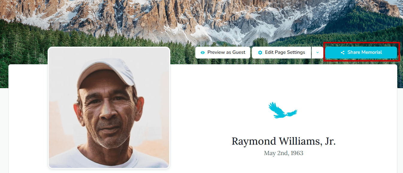 Share Memorial button on desktop