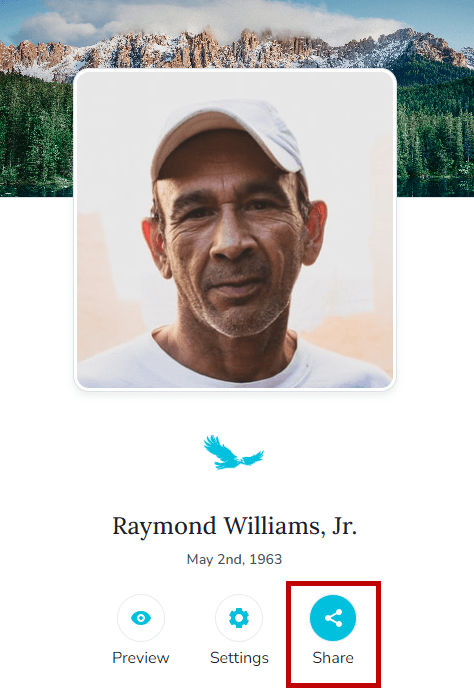 Share Memorial button on mobile