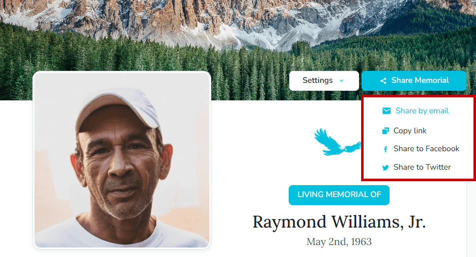 Options de partage pour les pages mémorial
