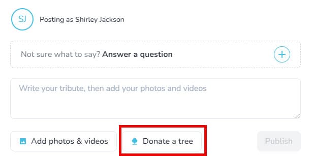 Donate a tree button in the tributes section