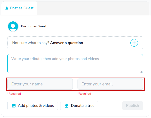 Guest details before publishing a tribute