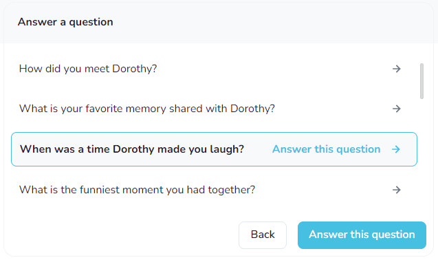 Question prompts for tributes