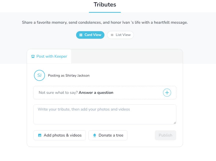 Tributes section on a memorial page