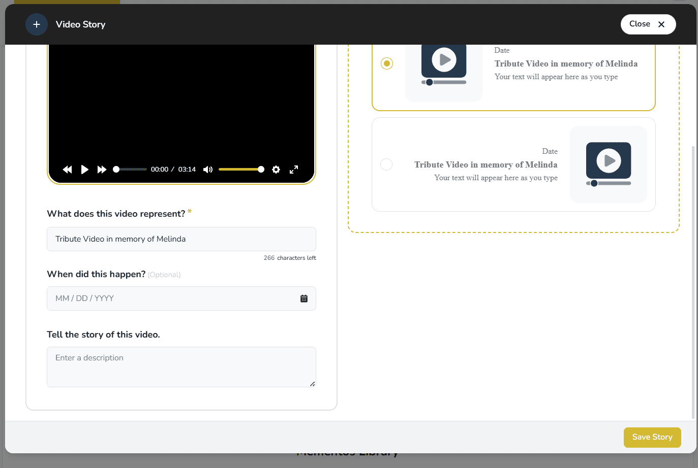 Edit Tribute Video display details in Keeper