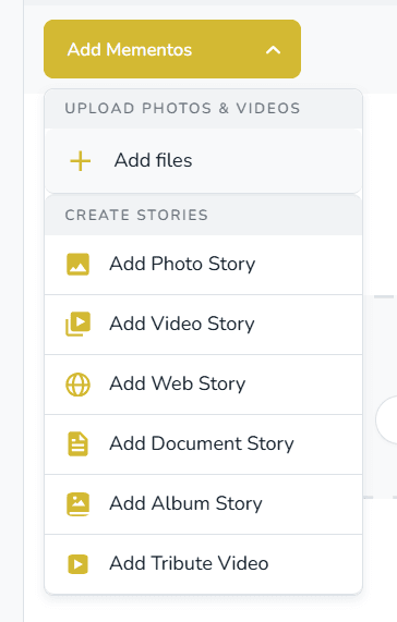 Add Mementos menu with Add Tribute Video option