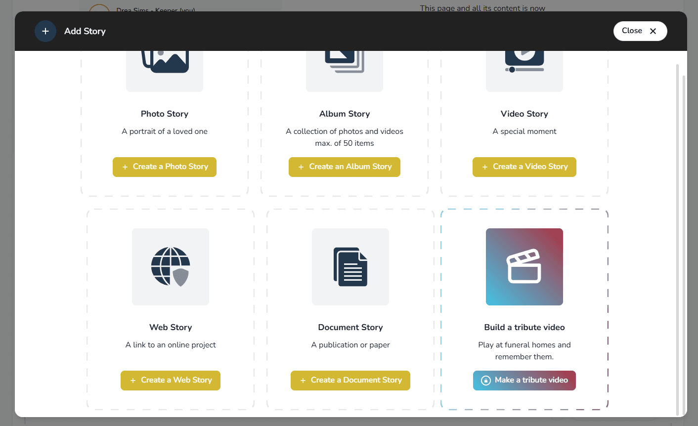 Add Story modal with Build a tribute video option
