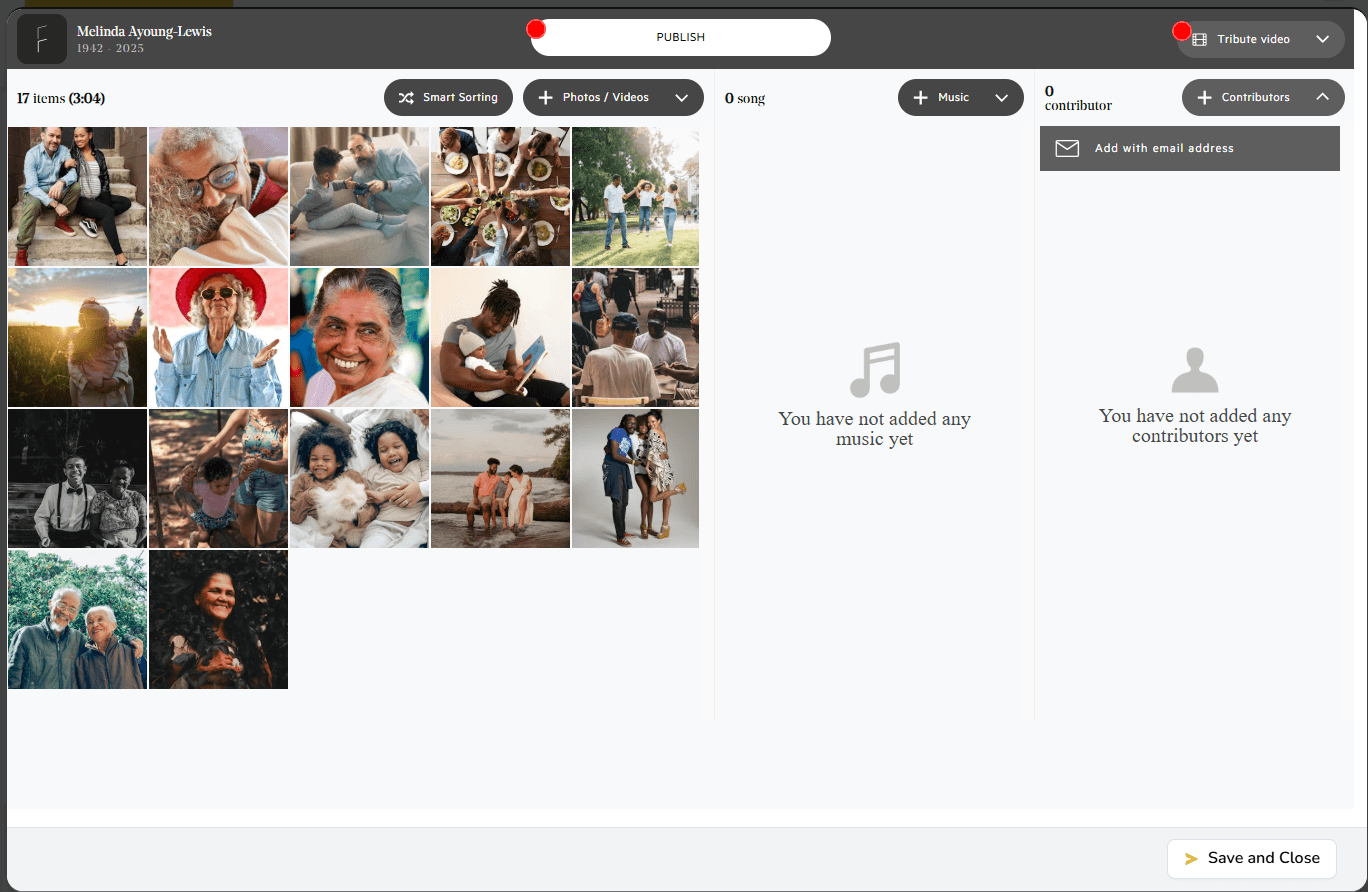 Contributors menu in the Tribute Video editor