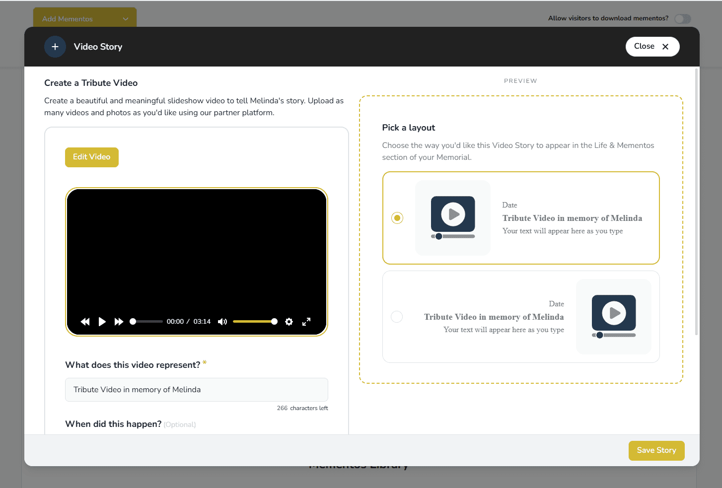 Edit Video button in the Tribute Video story editor
