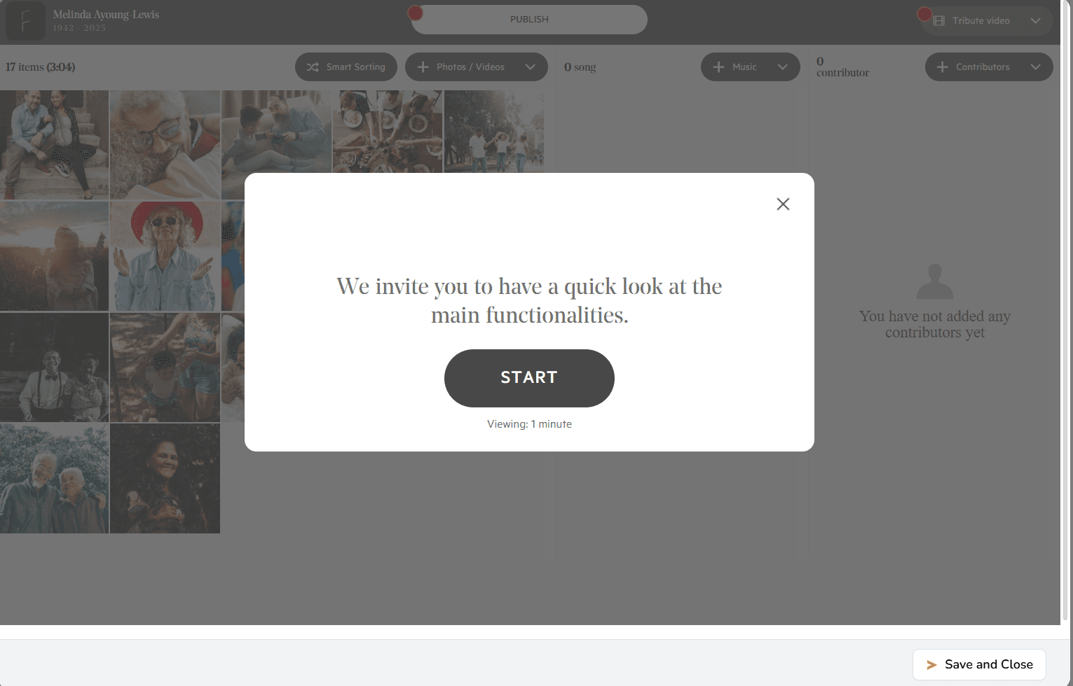 Tribute Video editor introduction modal