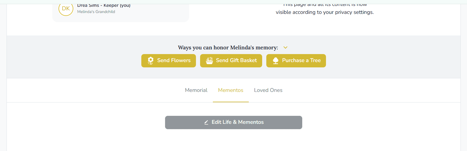 Edit Life & Mementos button on a memorial page