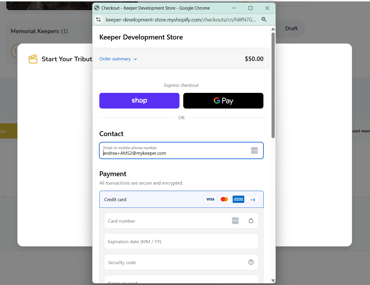 Secure payment window for Tribute Video checkout