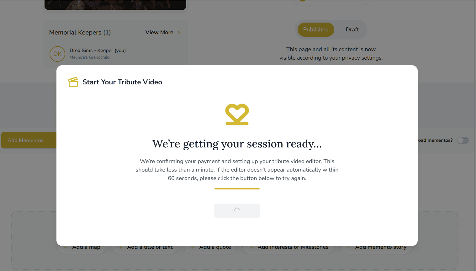 Tribute Video session loading modal