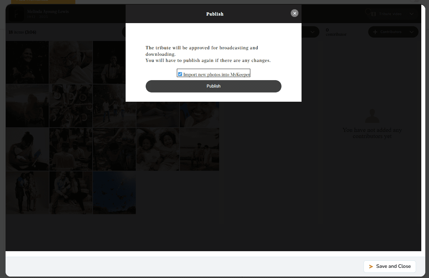 Publish modal with sync to Mementos option