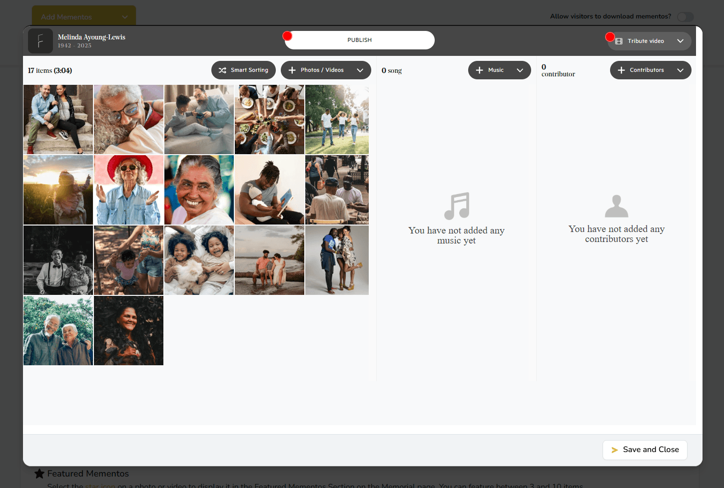 Tribute Video editor with photos, music, and contributors panels
